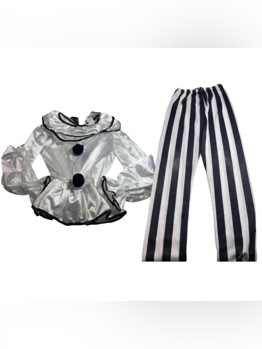 Vintage 80s Pierrot Clown Costume Set Kids Large White Satin Retro Clowncore